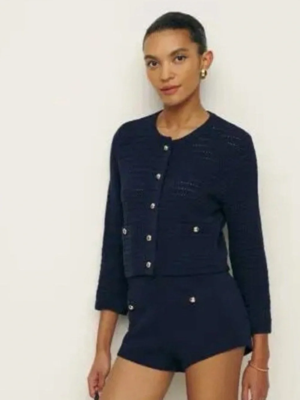 Reformation Charlotte Cotton Cardigan in Navy - Picture 3 of 6